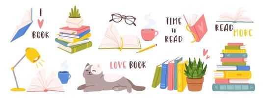 leyendo y libro. dibujos animados vistoso elementos leyendo amantes abierto libros, apilar libro, acogedor atmósfera, planta de casa dormido gato, lentes taza de té. conjunto vector