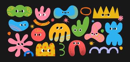 Abstract shape character. Naive amorphous objects with funny faces. Colorful childish figures, cloud, star, wavy shapes for kids game. Retro simple forms. Doodle set vector