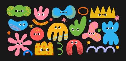 Abstract shape character. Naive amorphous objects with funny faces. Colorful childish figures, cloud, star, wavy shapes for kids game. Retro simple forms. Doodle set vector