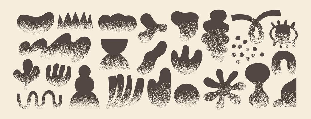 Doodle abstract shapes. Naive elements with noisy texture. Hand drawn nature creative figure, grunge brushes. Black geometry silhouette. Trendy quirky graphic shape. set