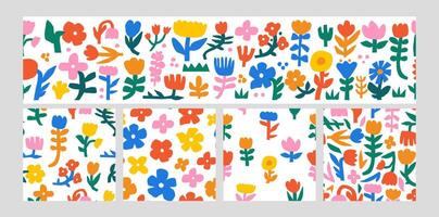 Abstract flower pattern. Doodle plant seamless background. Colorful floral elements, bloom, leaves and branches. Cutout paper botanic shapes. Kids naive style set vector