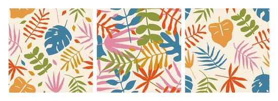 Abstract tropic leaves pattern. Seamless nature plants background. Doodle jungle leaf, palm tree, exotic foliage in trendy style summer design. Colorful backdrop vector
