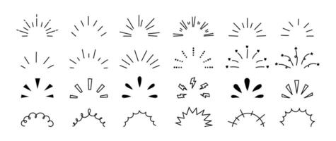 Doodle rays and sparkles. Sunlight sparks, explosion. Hand drawn line confetti, surprise elements, shining curves frames. Celebration ornaments decor signs vector