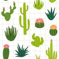 Green cactuses pattern. Cactuses and succulents, desert plants seamless texture. Different cacti repeat on background. Fabric with natural green summer plant. backdrop vector