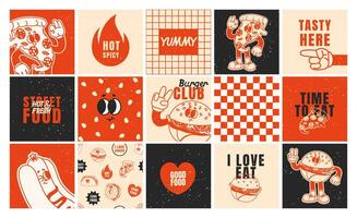 rápido comida carteles retro 70s tarjetas, pegatinas con hamburguesa, caliente perro, Pizza. miedoso marca parches eslogan, cita, maravilloso comida caracteres. de moda café bar plantillas vector