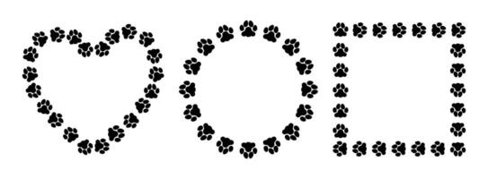 Cat, dog footprint frame. Pets paws border. Black cute animals round, heart and square shape frames. Template banners with silhouette footprints trail and paw path. set vector