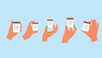 Set of illustrations with semen analysis. Plastic container for sperm sample vector