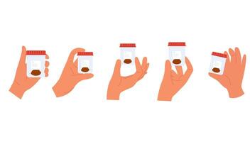 Set of illustrations with stool analysis. Hands hold container with poop sample. Medical check up vector