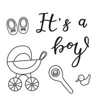 Greeting card for the birth of a Boy. Image of a baby carriage and things for newborns in doodle style. invitation card template for baby gender reveal party. vector