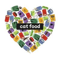 set of Cat Food in the shape of a heart. Color image of pet food. vector