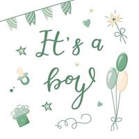 Hand drawn greeting card for the birth of a Boy. invitation card template for baby gender reveal party. Color illustration with balls and flags on a white background. vector