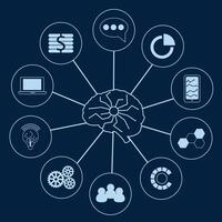 Artificial intelligence illustration. Modern cyberbrain concept. Machine learning and neural network. Artificial intelligence infographic banner. AI card with icons. vector