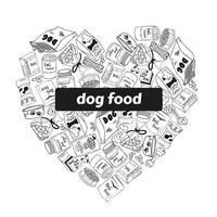 set of Dog Food in the shape of a heart in doodle style. Image of pet food. vector