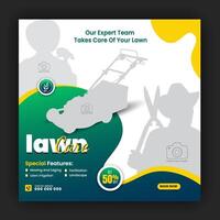 Organic food and agriculture service for social media cover or post design template, modern lawn mower garden, or landscaping service with green gradient background and abstract yellow color shape vector