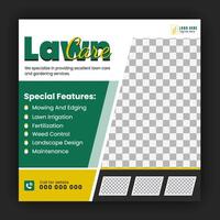 Organic food and agriculture service for social media cover or post design template, modern lawn mower garden, or landscaping service with green gradient background and abstract yellow color shape vector