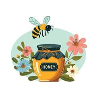 A jar of honey with a bee and flowers, A container of honey showcasing a bee and floral embellishments. vector