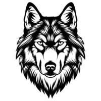 black and white angry wolf head mascot facing forward on a white background. vector