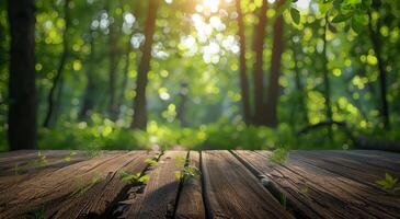 Wooden Table With Sunlight Filtering Through Trees photo