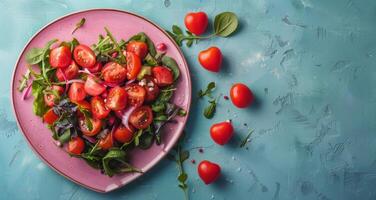 Pink Plate With Salad on Blue Table photo