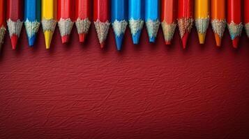 Row of Colored Pencils Against Red Wall photo