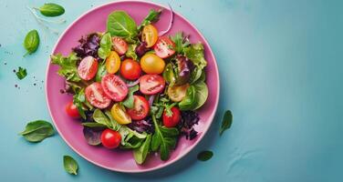 Pink Plate With Salad on Blue Table photo