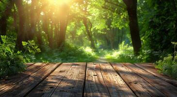 Wooden Table With Sunlight Filtering Through Trees photo