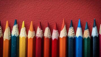 Row of Colored Pencils Against Red Wall photo
