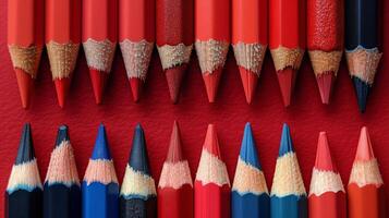 Row of Colored Pencils Against Red Wall photo