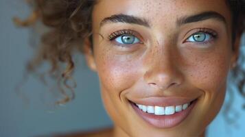 Close Up of a Woman With Freckles on Her Face photo