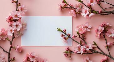 Blank Paper Surrounded by Flowers on Pink Background photo