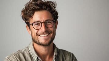 Smiling Man With Curly Hair and Glasses photo