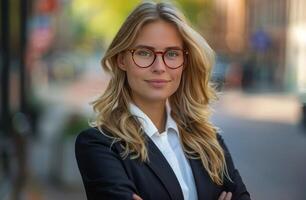 Woman Wearing Glasses Standing in Front of Building photo