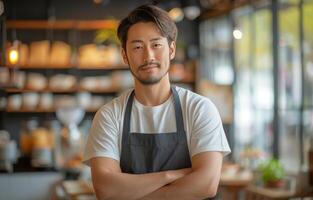 Man Standing With Arms Crossed in Front of Counter photo