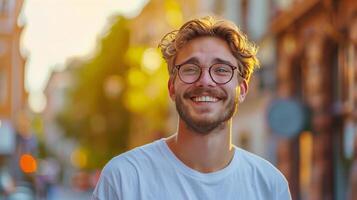 Man With Glasses and Beard Smiles at Camera photo