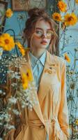 Woman in Trench Coat and Glasses Standing in Front of Flowers photo