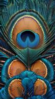Close Up of a Peacocks Tail With Water Droplets photo