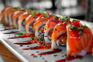 Plate of Sushi With Sauce and Garnishes photo