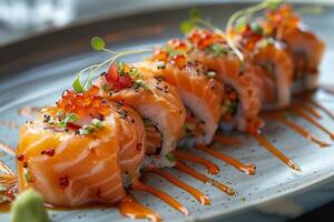 Plate of Sushi With Drizzled Sauce photo