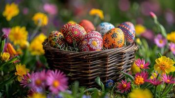 cesta de pintado huevos en campo de flores foto