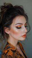 Woman With Black and Orange Makeup Staring Into Distance photo
