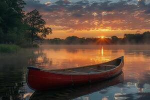 Red Canoe on Lake photo