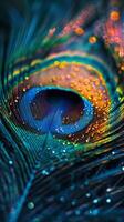 Close Up of a Peacocks Tail With Water Droplets photo