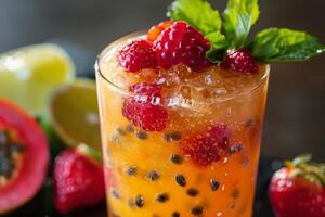 Colorful Drink With Oranges and Raspberries in a Glass photo