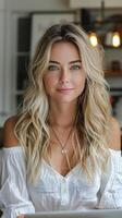 Woman Sitting at Table With Hands on Hips photo