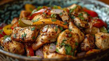 Pan Filled With Chicken and Vegetables on Wooden Table photo