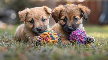 Two Small Dogs Playing With a Ball in the Grass photo