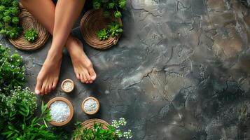 Womans Bare Feet With Salt and Rosemary photo