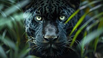 Close Up of a Black Leopard With Orange Eyes photo