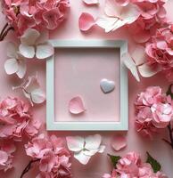 Frame With Pink Flowers and Hearts on Pink Background photo