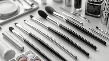 Array of Makeup Brushes on Table photo